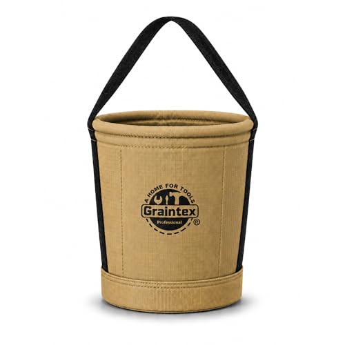 Graintex Tapered Canvas Bucket 12"x10"x15", Utility Tool Bucket 16 Inside Pockets, Reinforced Base & Carry Handle, Ripstop Canvas, Multi-Purpose Bag for Jobsite & Home Use for Tool Storage Solutions - color: Khaki