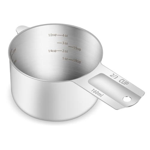 1PCS 2/3Cup (160ml, 5.3oz) Measuring Cup, Etched Inner Scale Measure Scoop | 18/8(304) Food-Grade Stainless Steel, Seamless One-Piece design, Metric and US Measurement, ‌Rust-Free, Dishwasher-Safe - size: 2/3Cup