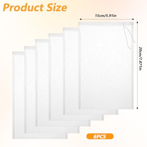 6 Pack Nut Bag Strainer 7.87 × 5.9 Inch Nut Milk Bag Reusable Nylon Mesh Bags 200 Mesh Fine Meshes Drawstring Bags for Straining Fruit Juice Coffee Tea Yogurt Cheese Coffee Almond
