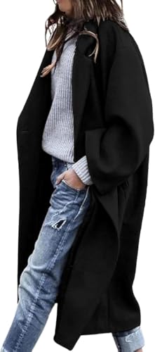 Women's Notch Lapel Single Breasted Pea Coat | Premium Wool Blend, Oversized Long Casual Overcoat with Pockets, Fall and Winter - color: Black, size: Large