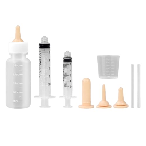 Suxgumoe Pet Feeding Bottle Set, Feeding Silicone Nipple with Bottle and Syringes, Reusable Pet Nursing Kits Feeding Tools for Rabbits, Small Animals (1 Bottle+3 Nipples+2 Syringes + 1 Measuring Cup) - color: 1 Bottle+3 Nipples+2 Syringes + 1 measuring cu
