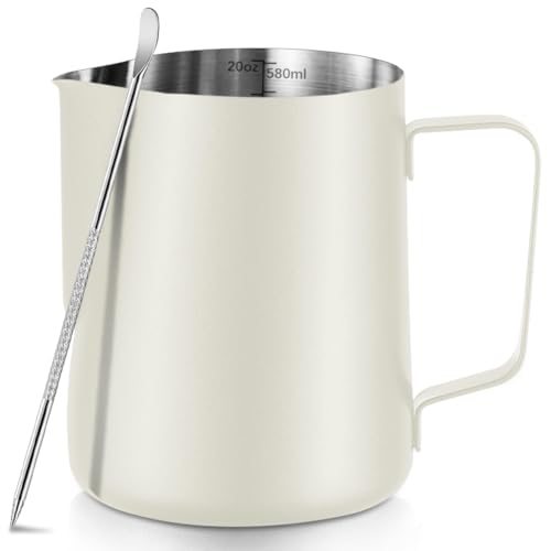 Milk Frothing Pitcher Stainless Milk Cup with Art Pen (White, 600, Milliliters) - color: White