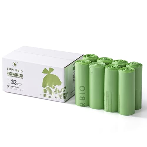 SUPERBIO 33 Gallon Compostable Yard Waste Bags, 120 Count Bulk | Lawn & Leaf Bags, Extra Thick 1.57 Mil, BPI and OK compost INDUSTRIAL - style: 33 gallon,120 count