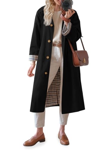 Tankaneo Womens Long Oversized Single Breasted Windproof Trench Coat | Plaid Lining, Lightweight, Trendy，Button down, Fall fashion,Outerwear - color: Black, size: X-Large
