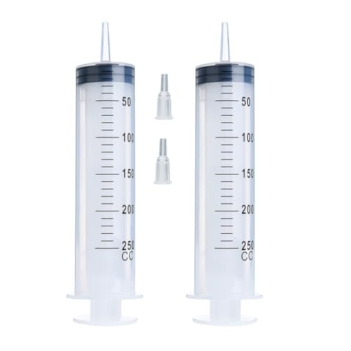 2 Pack 250ml Syringes with Tip Adapters, Extra Large Plastic Syringe Individually Sealed for Glue Dispensing, Scientific Labs, Watering, Refilling, Multiple Uses - style: 250ml