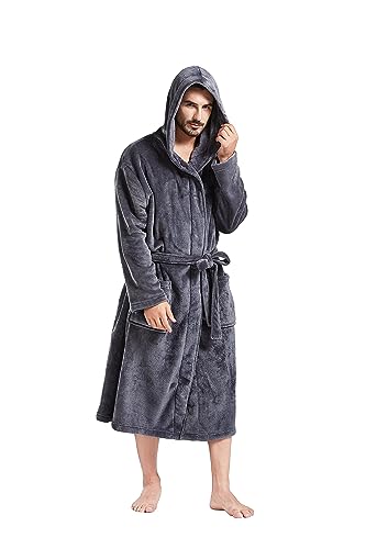 FashGudim Mens Hooded Robe Plush Shawl Collar Kimono Bathrobe Soft Warm Flannel Fleece Spa Robes House Coat Pajamas - color: Grey, size: X-Large-XX-Large