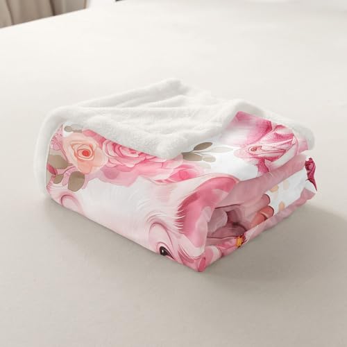 Lovely Pig Kids Throw Blanket,Roses Flowers Dreamy Bed Blanket for Girls Women,Cartoon Animal Cute Livestock Rustic Fleece Blanket,Pink Romantic Fuzzy Blanket,Twin Size (60 x 80 Inches) - color: Pink Green White, size: Twin