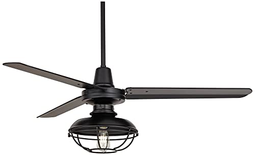 52" Plaza Matte Black Cage Damp Outdoor Ceiling Fan with Light Remote | Industrial Modern 3 Blade Style Rated for Patio Exterior House Porch Gazebo Garage Barn