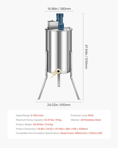 VEVOR Electric Honey Extractor, 3 Frame Honey Extractor with Transparent Lid, Stainless Steel Honeycomb Drum Spinner, Height Adjustable, Honeycomb Extraction Equipment for Beekeeping - style: 3 Frame