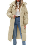 Women Long Puffer Coat Winter Warm Hooded Jacket Long Sleeve Parka Full Length Down Coats With Zip - color: Khaki, size: X-Large