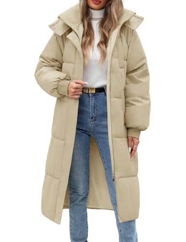 Women Long Puffer Coat Winter Warm Hooded Jacket Long Sleeve Parka Full Length Down Coats With Zip - color: Khaki, size: Large