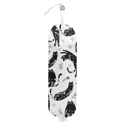 Black White Floral Cat Plastic Bag Holder, Wall Mount Grocery Bag Holder | Plastic Bags Storage, Vibrant Cats Reusable Grocery Bags Storage Dispenser for Home Kitchen Decor, Cat Lover Gifts for Women - color: Interesting black cat