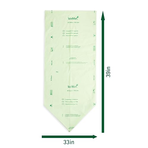 bioMat 33-35 Gallon Compostable Food Scrap Bags, 10 Count | BPI, CMA and OK Compost HOME certified, Meets the ASTM D6400 Standard, Tall Flat Top Bin Liner for Kitchen Food Waste Bin - size: 10 Count (Pack of 1), style: 35 Gallon