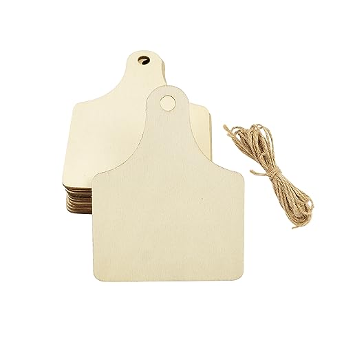 32 Natural Wooden Cow Ear Tags - Unfinished Hanging Tags with Ropes