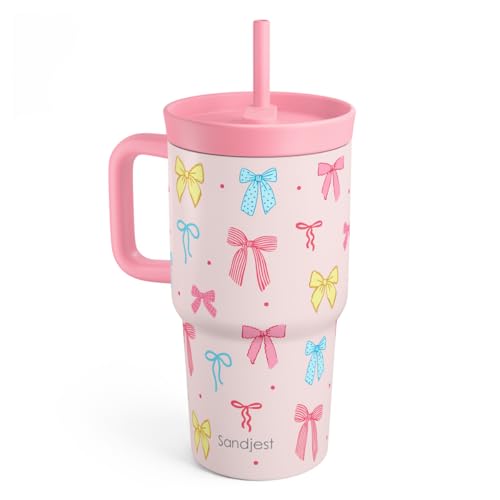 SANDJEST Bow Stainless Steel Tumbler 20oz with Handle and Silicone Straw Locking Lid for Kids Girls, Birthday Christmas Back to School - color: Bow 1