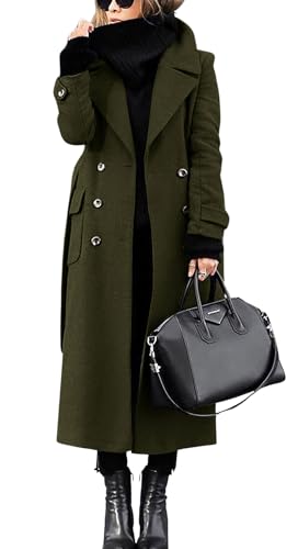 chouyatou Women's Winter Double Breasted Wool Coat Business Casual Long Winter Pea Coat with Belt - color: Army Green, size: X-Small