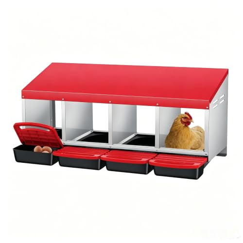 Galvanized Steel Chicken Nesting Box 4 Compartment with Pull Out Tray, Roll Away Nest Boxes for Laying Hens Egg Collection, Wall Mount Poultry Nest Box for Coop with Handle, Red - color: Red, size: 4 Compartments