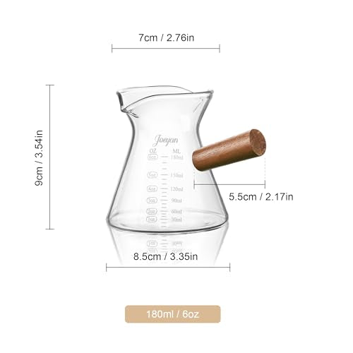 Joeyan 6 oz Glass Measuring Cup with Double Spouts,Clear Borosilicate Espresso Shot Glasses with Wooden Handle,Milk Creamer Frothing Pitcher Barista Coffee Carafe - color: 6 Oz Dual Spouts Clear Measuring Cup