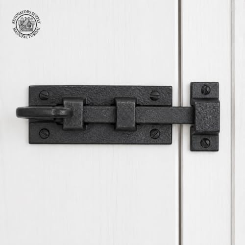 Renovators Supply Manufacturing Black Slide Bolt Door Latch 3 7/8 in. Long Wrought Iron Metal Surface Sliding Bolts with Catch for Cabinet Doors Rust Resistant Security Locks with Hardware Pack of 2 - size: Pack of 2, style: 3.88 inch - Curled Tail