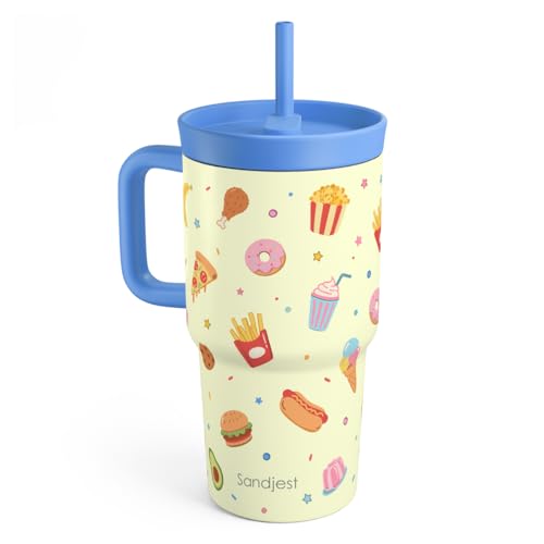 SANDJEST Food Stainless Steel Tumbler 20oz with Handle and Silicone Straw Locking Lid for Kids Boys Girls, Birthday Christmas Back to School - color: Fast Food