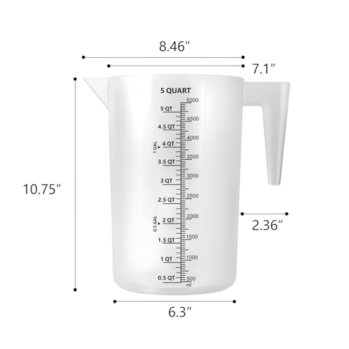 1 Gallon / 5 Quart / 5000 ml Large Plastic Measuring Pitcher with Handle, Clear Heavy Duty Mixing Pitcher with mL/QT/GAL Markings for Garden, Pool Chemicals, Motor Oil & Kitchen - size: 160 fl oz