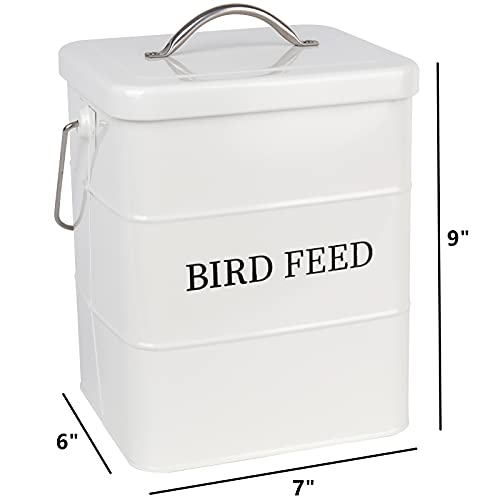 DEAYOU Pet Food Storage Tin with Lid, Metal Bird Seed and Feed Container with Serving Scoop, Treats Storage Canister Bin Can for Dogs, Cats Food, Coated Carbon Steel, Tight Fitting Lid, White, 5-6 Lbs