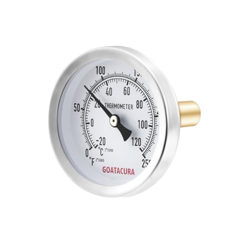 Hot Water Bimetal Thermometer, 2-1/2" Dial Size, 1-3/4" Lead-Free Brass Stem, 1/2" NPT Back Mount, 0-250 Deg F/-20-120 Deg C, 2% Accuracy