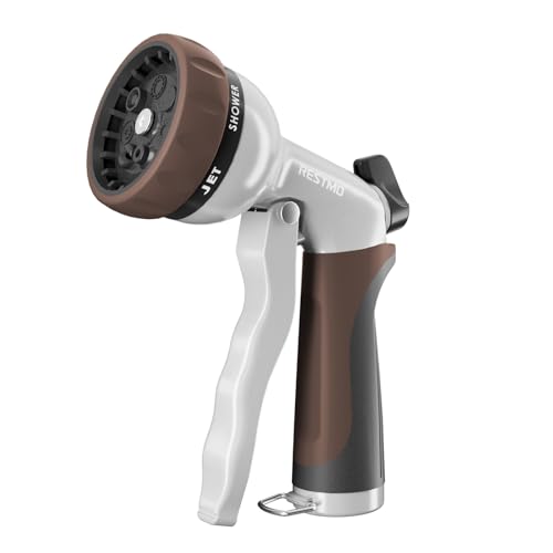 RESTMO Garden Hose Nozzle, Heavy Duty Metal Water Hose Nozzle with 7 Adjustable Spray Patterns, High Pressure Hand Sprayer with Flow Control, Best for Watering Plant & Lawn, Washing Car & Pet, Brown - color: Brown