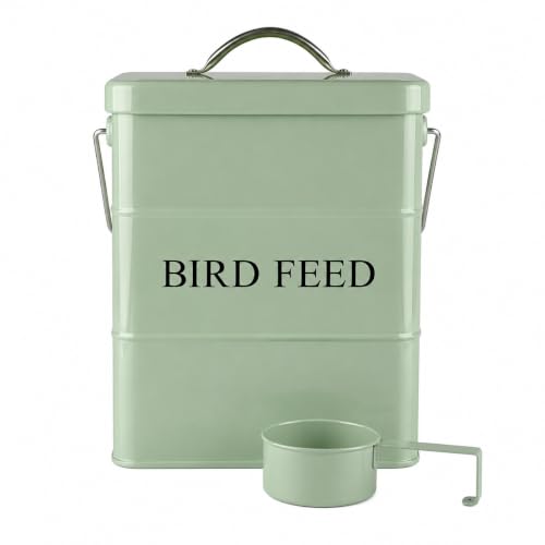 Morezi Bird Seed Storage Container Metal, 6 Lbs Airtight Bird Food Tin | Outdor Wild Bird Seed Container Canister w/ Scoop/Wooden Handle , Sturdy and Squirrel-proof, Keep Sunflower Seed Fresh-Green - color: Green