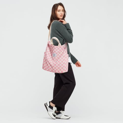 KALIDI Corduroy Tote Bag, Large Slouchy Hobo Messenger Crossbody Bag | Anti Splash Zipper Side Pockets Shoulder Bag Adjustable Strap Lightweight Casual Work Shopping Women - color: Pink Checkered