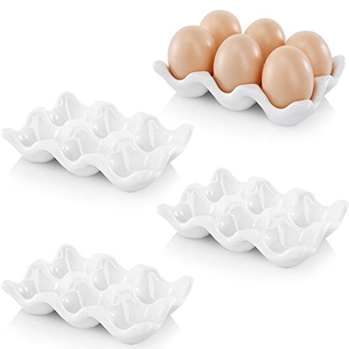 DEAYOU 4 Pack 24 Cups Egg Tray Holders, Porcelain Egg Container for Countertop Fridge, Ceramic Eggs Keeper Storage Organizer, Tiny Egg Dispenser Serving Dish Serveware for Display, Kitchen, White