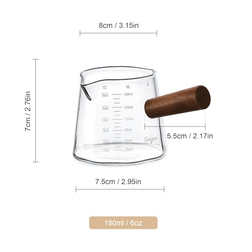 Joeyan 6 oz Glass Measuring Cup with Double Spouts,Borosilicate Espresso Shot Glasses with Wooden Handle,Claer Measuring Triple Milk Frothing Pitcher for Coffee Tea - color: 6 Oz Dual Spouts Measuring Cup