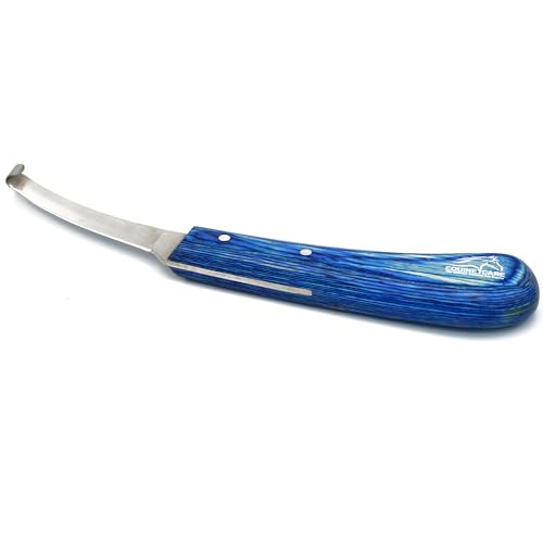 Right-Handed Narrow Farrier Hoof Knife, Horses, Ponies, Minis | Narrow hoof knife for detail trimming; J2 stainless steel blade; smooth blue layered handle; right- or left-handed - style: Right-Handed