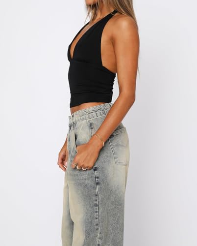 ForeFair Women Sexy Halter Deep V Neck Backless Crop Tank Top Open Back Sleeveless Slim Fit Y2k Summer Tops - color: Black, size: Large