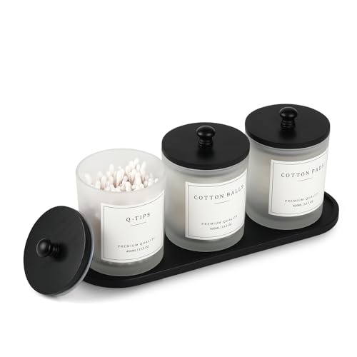 3 Pack Qtip Holder - Bathroom Organizers and Storage, Cotton Round Swab Holder Dispenser Cotton Ball Holder with Tray, Glass Apothecary Jars with Lids, Floss Pick Containers - ms black