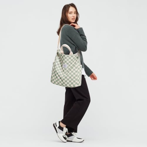 KALIDI Corduroy Tote Bag, Large Slouchy Hobo Messenger Crossbody Bag | Anti Splash Zipper Side Pockets Shoulder Bag Adjustable Strap Lightweight Casual Work Shopping Women - color: Green Checkered