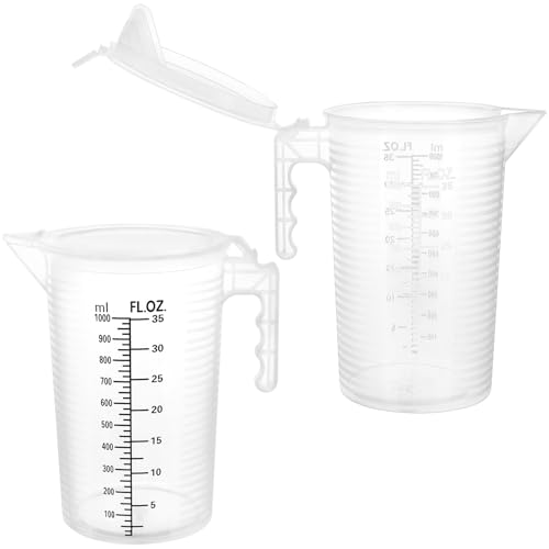 QWORK 2 Pack 32oz (1 Quart) Measuring Pitcher - Plastic, Multipurpose, Polypropylene, with Clear Ounce & Milliliter Markings, Dustproof Lid, for Cooking, Home Hobbies, Shop Oil and Fluids