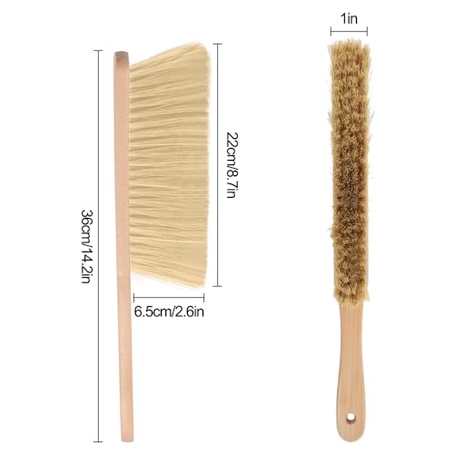 2 Pieces Wooden Dust Brush Hand Broom, Bench Brushes with Bristles, Handle Hair Brushes for Counter Bed Sofa Car Fireplace Household Woodworking Cleaning (Brown, Yellow) - color: Brown, Yellow