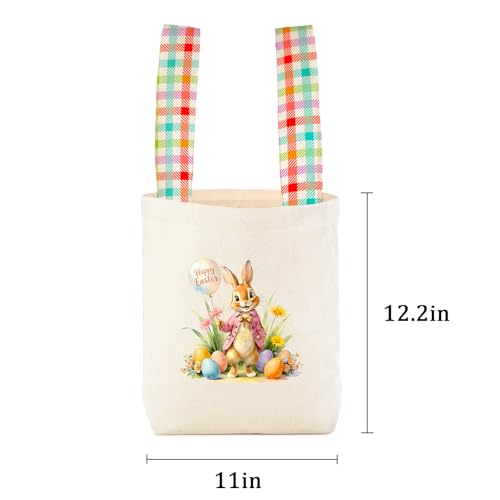 Easter Basket Bunny Canvas Tote Bag, 12.2x11 Inches, Natural Canvas, Hand-Carry, for Gift and Easter Egg Collection - color: B-pink