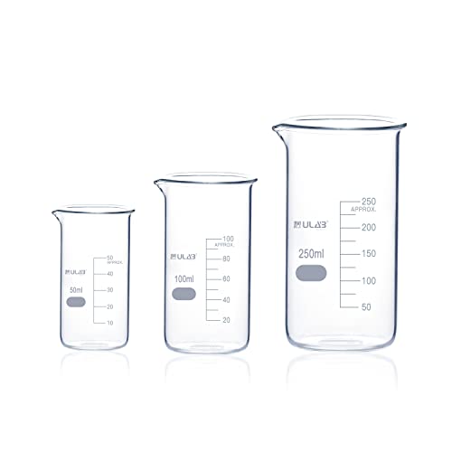 ULAB Scientific Glass Beaker Set, 3 Sizes Vol. 50ml 100ml 250ml, 3.3 Borosilicate Griffin Tall Form with Printed Graduation, UBG1048 - style: Tall form 3 Sizes: 50ml 100ml 250ml