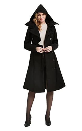 Long Trench Pea Coat for Women - Winter Trench Coat Goth Lapel Peacoat Outwear Thick Hood Pea Jacket Trenchcoat - color: A- Black, size: X-Small