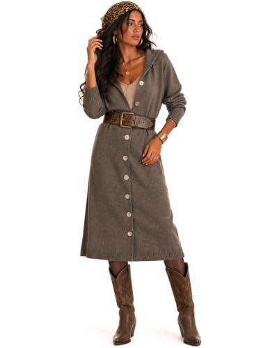 CiCiBird Womens Fall Long Cardigan Sweater Hooded Button Coat | Side Pockets, Loose Midi Length, Cozy Texture, Soft Lightweight Knit, Lounge To Outdoor Wear, Daily Layering, House Coat - color: Brown, size: X-Large