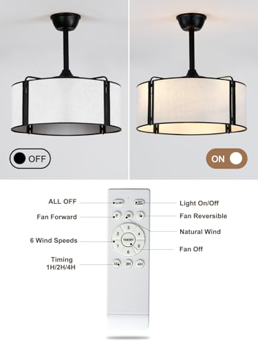 19.2 Inch Boho Fandelier Ceiling Fan with Lights Remote Control | Rustic Caged Ceiling Fan Black Bladesless Chandelier for Bedroom Living Room, Reversible 6 Speeds, 4 E26 Bulbs (Not Included) - color: White Fabric