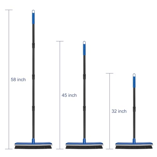 16 Inch 2-in-1 Squeegee Push Broom Outdoor Deck Brush 58" Long Handle for Patio Garage Warehouse Driveway Concrete Floor Cleaning Scrubbing(Blue)