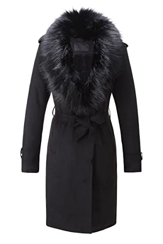 Bellivera Women's Faux Suede Leather Fleece Lined Trench Coat | Mid-length Winter Trendy Jacket Belted Sim Fit Outerwear with Detachable Faux Fur Collar - color: Black, size: Small