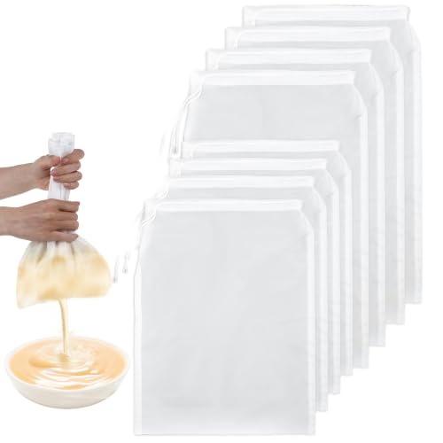 8Pcs 300 Mesh Strainer Bag, Nylon Fine Mesh Strainer Bags, Food Grade 2 Sizes (6 x 8 In & 8 x 12 In) for Straining Oat Almond Milk, Greek Yogurt, Juice, Cold Brew Coffee, Beer Tea, White