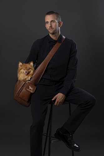 Noah & Paw Dog Sling Carrier for Small Dogs 5-18lb, Dog Sling for Small Dogs and Cats, Dog Carrier with Adjustable Padded Strap, Vegan Leather Lined with Fur, Double Safety Feature, Machine Washable - color: Brown