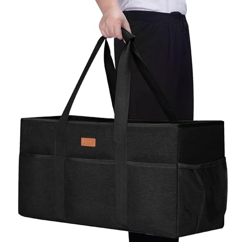 LHZK Stand Up Extra Large Utility Tote Bag with Lid, Utility Tote Bag with Metal Wire Frame and the Sides Rinforced, Reusable Grocery Bags Foldable, Beach Bag, Car Tote (Black) - color: Black, size: 22.5''x10.3''x12''-1 Pack