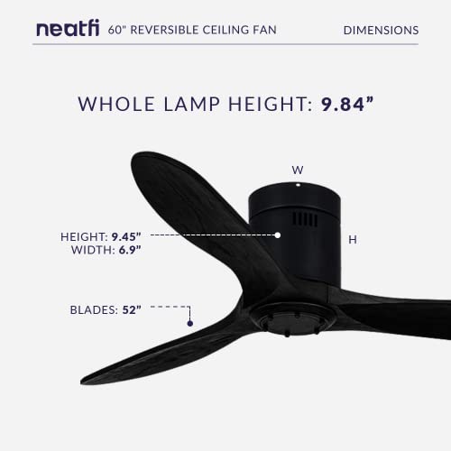 Neatfi 60" Ceiling Fan No Light – 3 Solid Wood Blades, Quiet DC Motor | 6-Speed Modern Flush Mount Low Profile Ceiling Fan with Remote | Bedroom, Living Room, Kitchen (Black, 60 Inches) - color: Black, size: 60 Inches