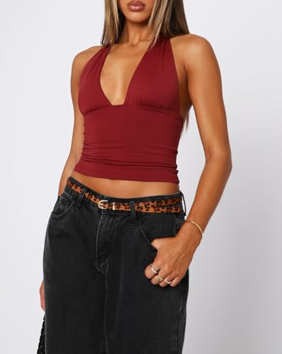 ForeFair Women Sexy Halter Deep V Neck Backless Crop Tank Top Open Back Sleeveless Slim Fit Y2k Summer Tops - color: Burgundy, size: Small